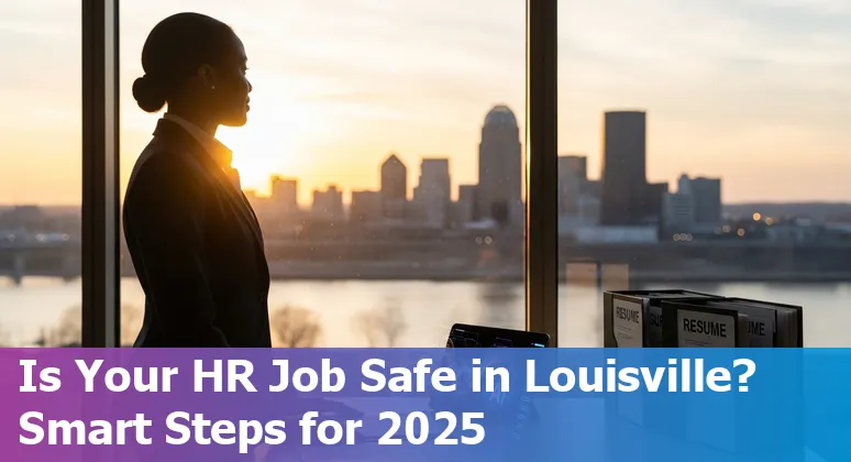HR professional using AI tools on a laptop in Louisville, Kentucky office, skyline visible, representing AI and HR in Kentucky.