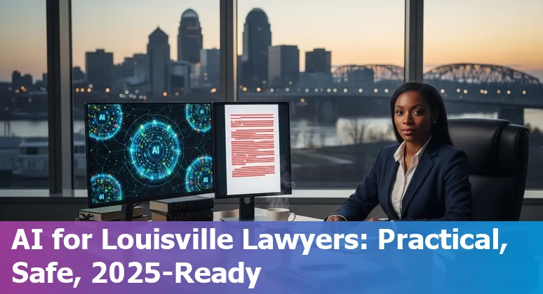 Legal professional using AI tools on a laptop in Louisville, Kentucky skyline visible — AI for lawyers in Louisville, KY
