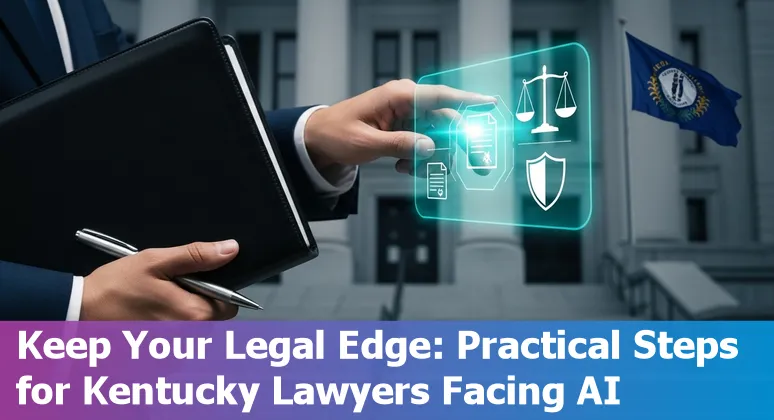 Lawyer reviewing AI-generated draft on laptop with Louisville, Kentucky skyline visible — AI and legal careers in Louisville, Kentucky 2025