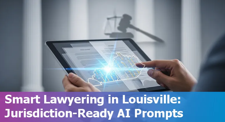 Louisville lawyer using AI on laptop with Louisville skyline overlay, showing prompts and legal documents.