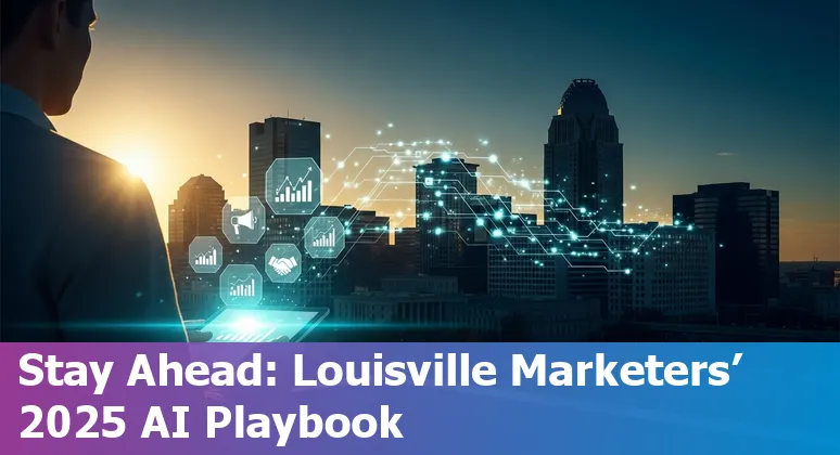 Marketing professional using AI tools on a laptop in Louisville, KY skyline in background