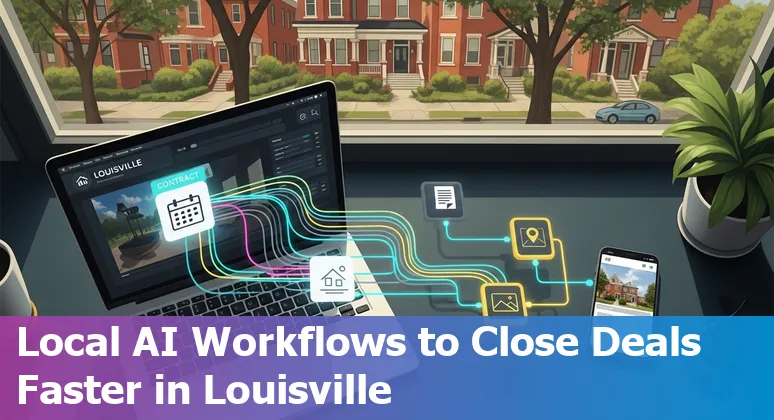 Agent using AI-generated Louisville property listing on laptop with Old Louisville homes in background