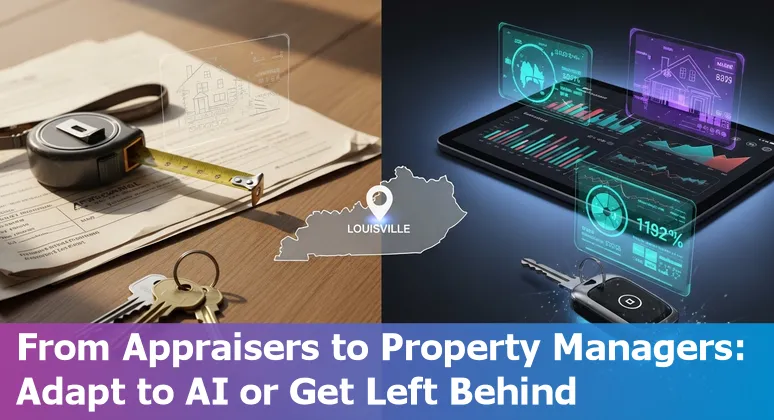 Real estate agent using AI tools beside Louisville skyline, emphasizing adaptation and local expertise.