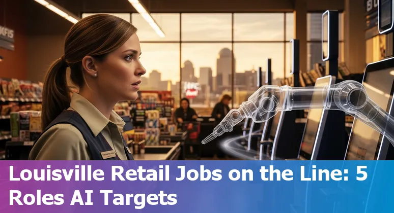Louisville retail workers adapting to AI: cashier, stock clerk, warehouse, salesperson, customer service representative with training icons