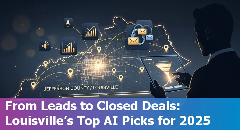 Sales professional using AI tools on a laptop with Louisville skyline in the background.