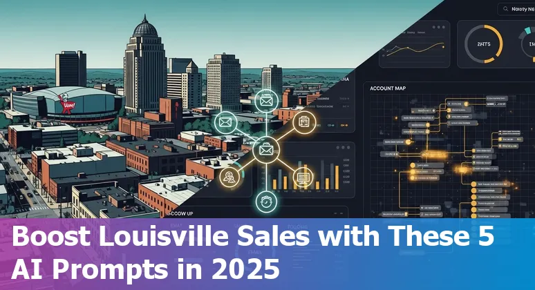 Sales professional in Louisville using AI prompts on a laptop with Louisville skyline in background.