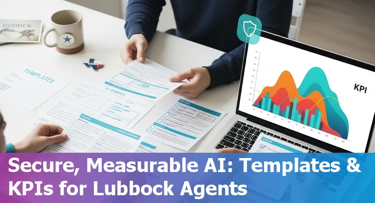 Customer service agent using AI tools on laptop in Lubbock, Texas skyline background