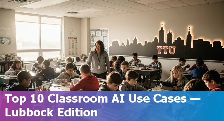 Students and teacher using AI tools on laptops in a Lubbock classroom near Texas Tech University