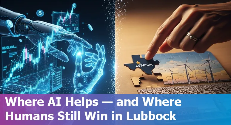 Finance professional using AI tools in Lubbock, Texas office — Lubbock, Texas skyline visible.