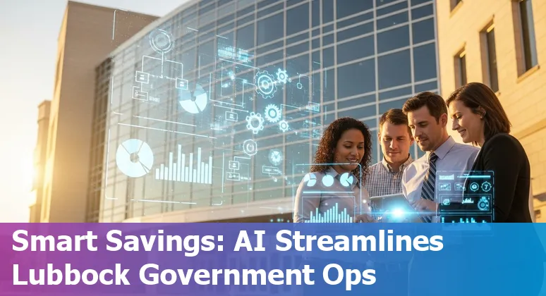 Lubbock, Texas government building with AI icons showing cost savings and efficiency improvements in Lubbock, Texas