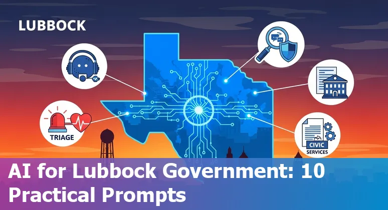 City of Lubbock skyline with icons for AI chatbots, emergency services, traffic signals, and documents.