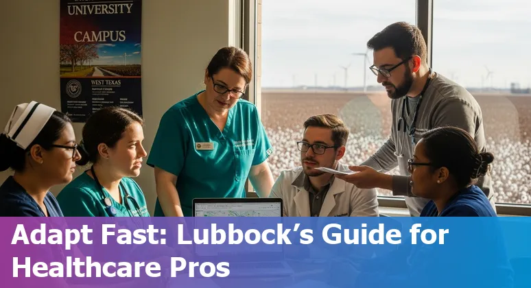 Healthcare worker with tablet and AI overlay near Texas Tech University Health sign in Lubbock.