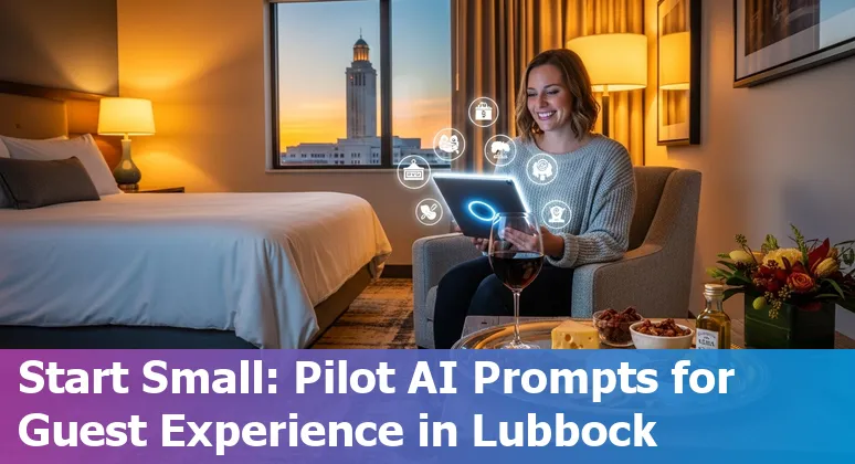 Hotel lobby in Lubbock with AI icons representing chatbots, pricing graphs, and smart room controls