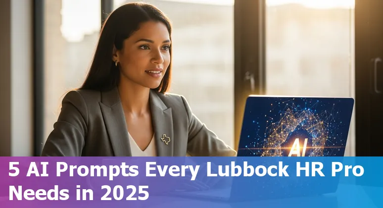 HR professional in Lubbock using AI prompts on a laptop to write benefits and onboarding materials