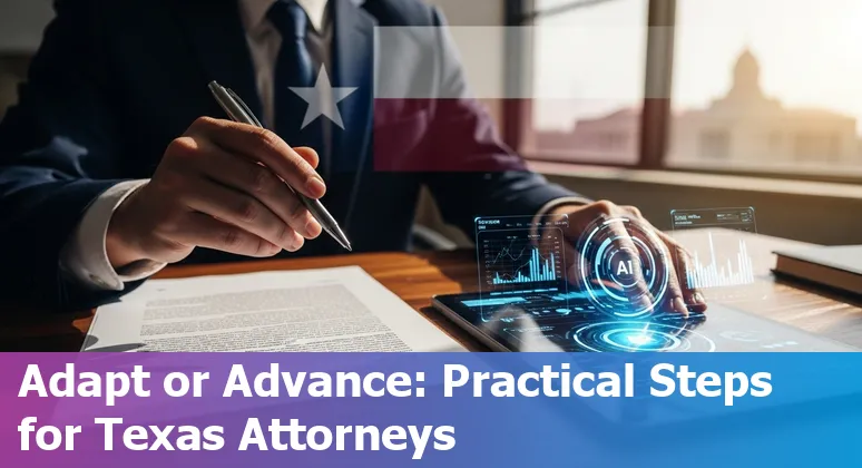 Lawyer using AI tools on a laptop in Lubbock, Texas, with the city skyline in the background