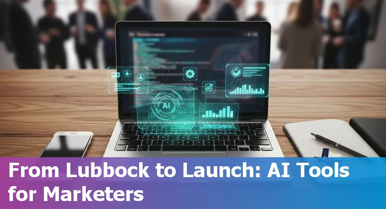 Marketing professional using AI tools in Lubbock, Texas in 2025 skyline background
