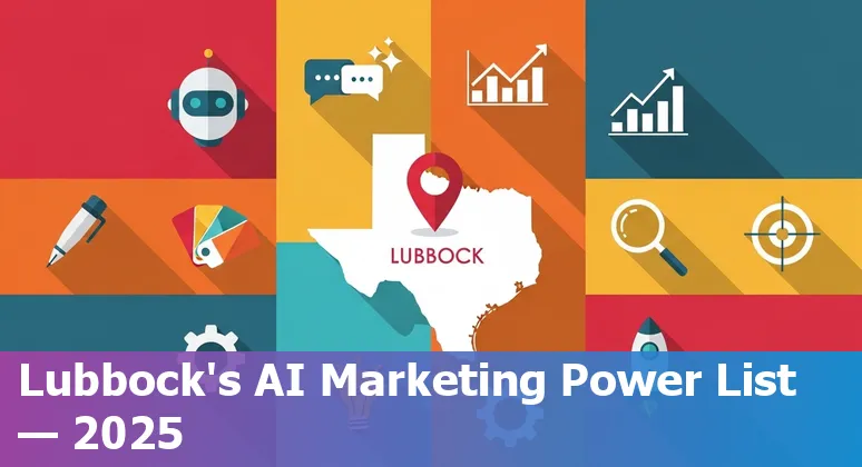 Marketing professional using AI tools on a laptop with a Lubbock skyline and Texas Tech campus image overlay.