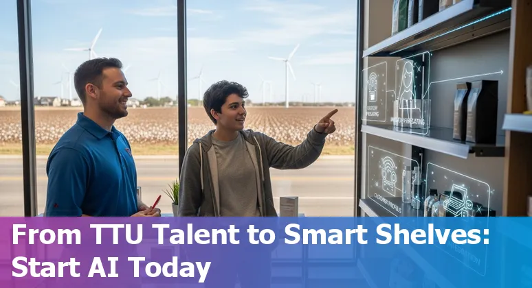 AI tools in a Lubbock, Texas retail store in 2025 showing inventory analytics on screen and Texas Tech University links