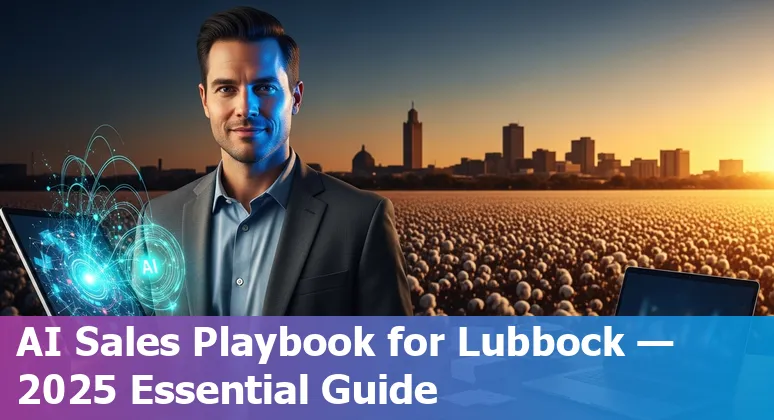 Sales professional using AI tools with Lubbock, Texas skyline and Texas Tech in background