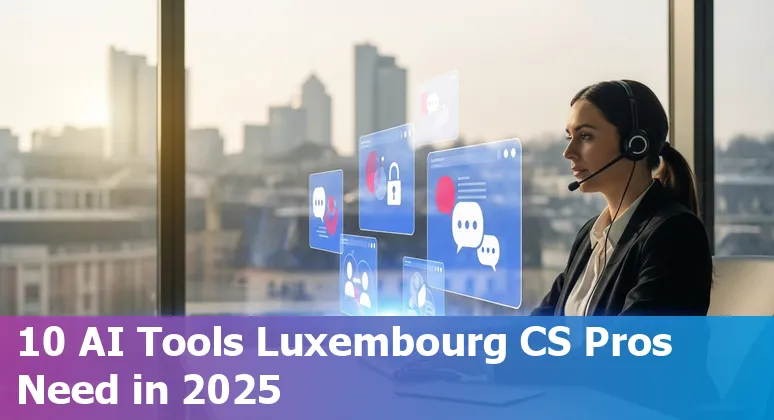 Illustration of customer service agent using AI tools with Luxembourg skyline and icons for Yuma, Zendesk, Intercom, Gorgias and others