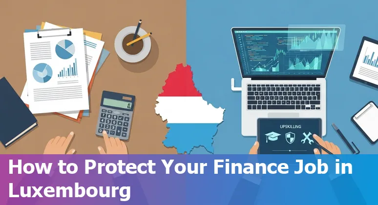 Financial professionals in Luxembourg learning AI skills and governance documents on a desk.