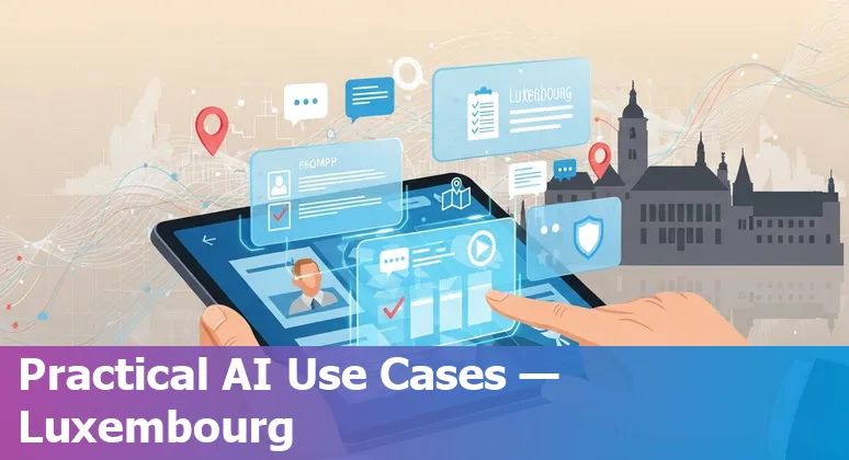 Graphic showing AI use cases for Luxembourg government: grants, transport, health, data factory and compliance icons