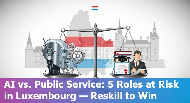 Government office worker and AI icons over Luxembourg skyline — depicting jobs at risk and adaptation steps