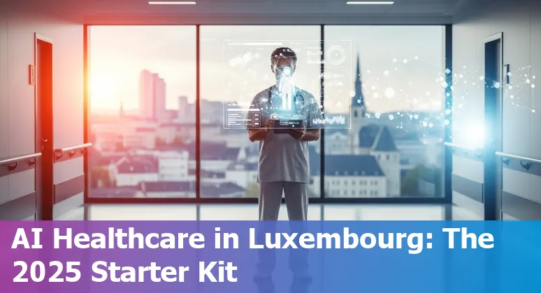 Healthcare AI illustration with Luxembourg flag and Luxexpo The Box in Luxembourg-Kirchberg, Luxembourg, for HWL 2025