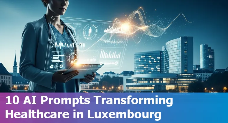 Illustration of AI in Luxembourg healthcare showing wearables, medical imaging, data vault and hospital icons over Luxembourg map.