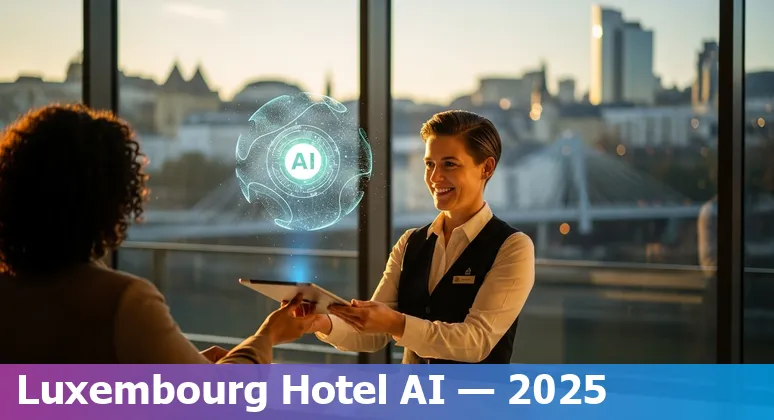 Hotel lobby with digital AI concierge dashboard and staff tablet in a Luxembourg hotel, 2025
