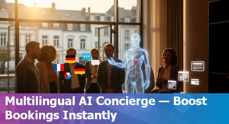 Hotel staff using AI tools on a tablet with multilingual guest messages and operational dashboards for Luxembourg hospitality