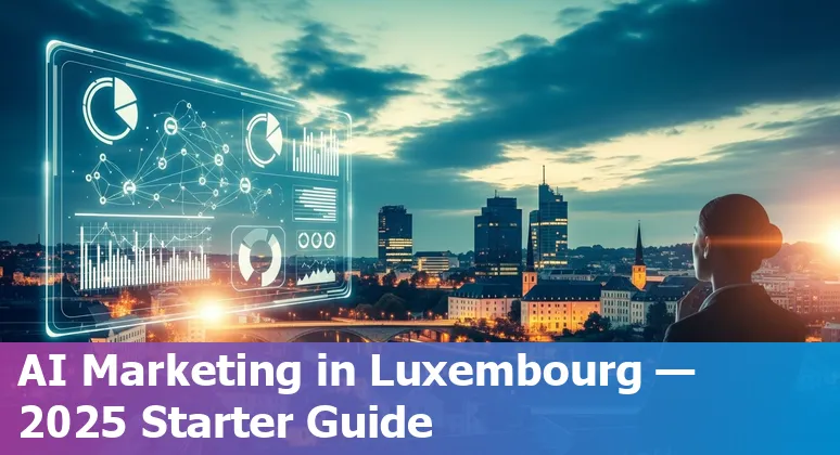 Marketing professional using AI tools in Luxembourg in 2025, with Luxembourg skyline in background