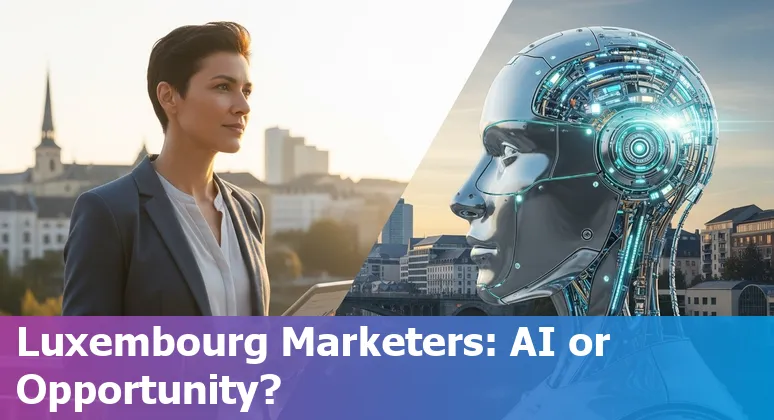Marketers using AI tools in a Luxembourg office with MeluXina-AI and local startup logos in the background