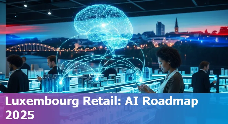 Illustration of AI in retail in Luxembourg 2025 showing shopfront, data flow and EU hub icons