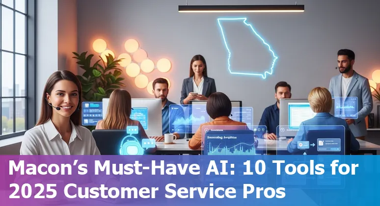 Customer service representative using AI tools dashboard with Shopify orders and Macon, Georgia map inset.