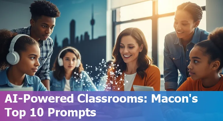 Teacher using AI-generated lesson plan on a laptop with Macon skyline and Mercer University logo in the background.