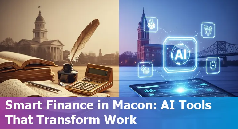 Macon, Georgia finance team reviewing AI tool dashboards on a laptop with city skyline in background