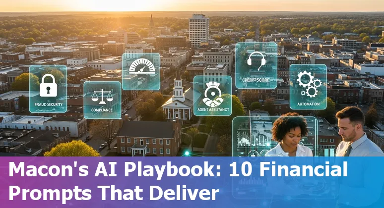 Financial services team in Macon reviewing AI use cases and vendor prompts on a laptop, with Macon skyline in the background.