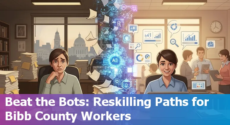 Macon government office workers and inspectors with AI icons showing transformation and retraining.