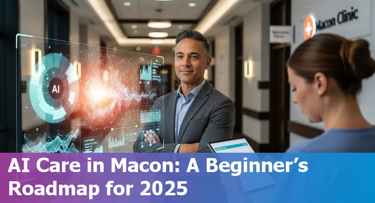 Illustration of AI and healthcare icons over a map of Macon, GA — 2025 guide