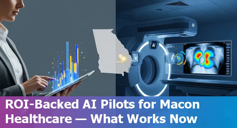 Healthcare staff using AI tools on tablets in a Macon, Georgia clinic; icons for DAX Copilot, Aidoc, Ada.