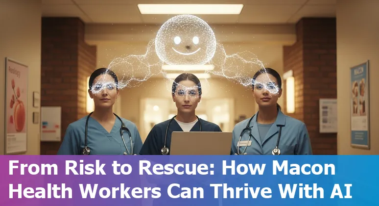 Healthcare worker reviewing AI-assisted radiology images with a laptop and training resources on a desk in Macon.