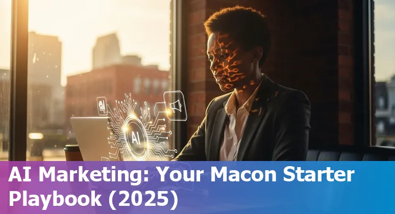 Marketing professional using AI dashboard with Macon, Georgia skyline in the background