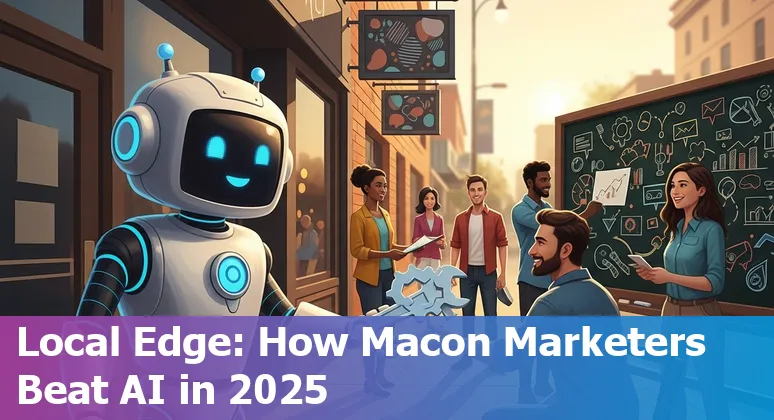 Marketer using AI tools on laptop in Macon, Georgia skyline background — 2025 marketing and jobs