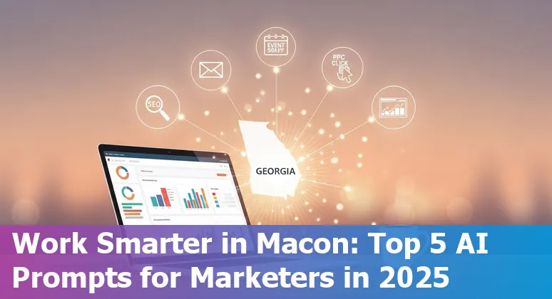 Marketing team in Macon using AI prompts on a laptop beside a Macon skyline poster.
