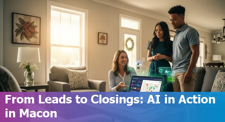 Realtor using AI tools on a laptop with Macon skyline and neighborhood map overlay.