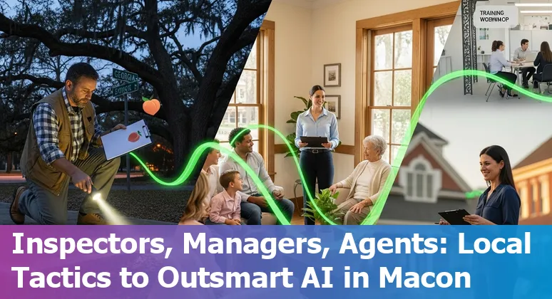 Macon GA skyline with a real estate agent analyzing AI-generated listing data on a laptop.