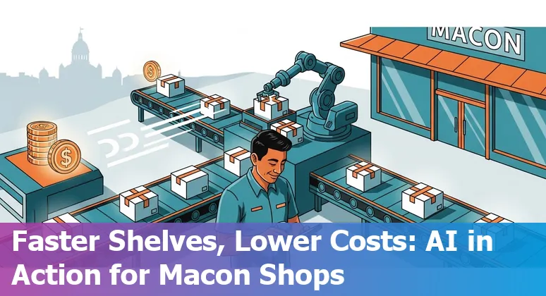 Retail workers and AI dashboard showing inventory and shipping routes for Macon, Georgia, US