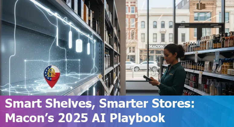 Retail employees using AI tools in a Macon, Georgia store in 2025, with Macon skyline visible
