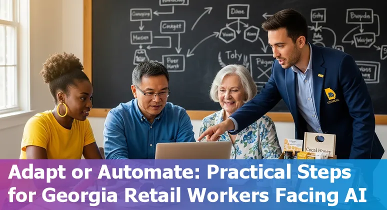 Retail worker using tablet in a Macon store with self-checkout kiosks and AI inventory camera in background
